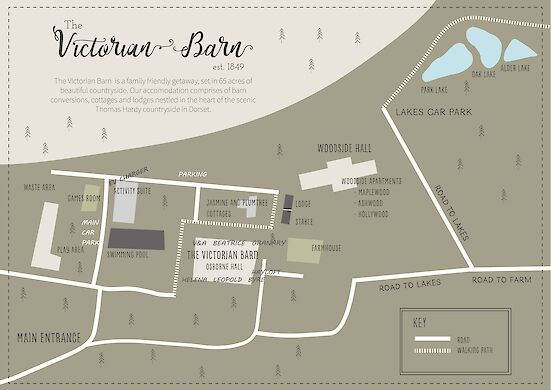 site map of The Victorian Barn Dorset indicating where the cottages are and where the leisure facilities are located in respect of each other. It shows our fishing lakes, the swimming pool, games rooms, car parking and EV charger areas.