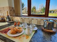 Breakfast whilst looking across the mown lawns towards the childrens' play area from Helena's kitchen window