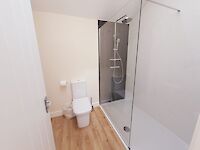 Sleek, modern bathroom attached to the twin bedroom with walk in shower and toilet.