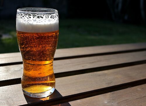 Picture of a pint of beer on a picnic table
