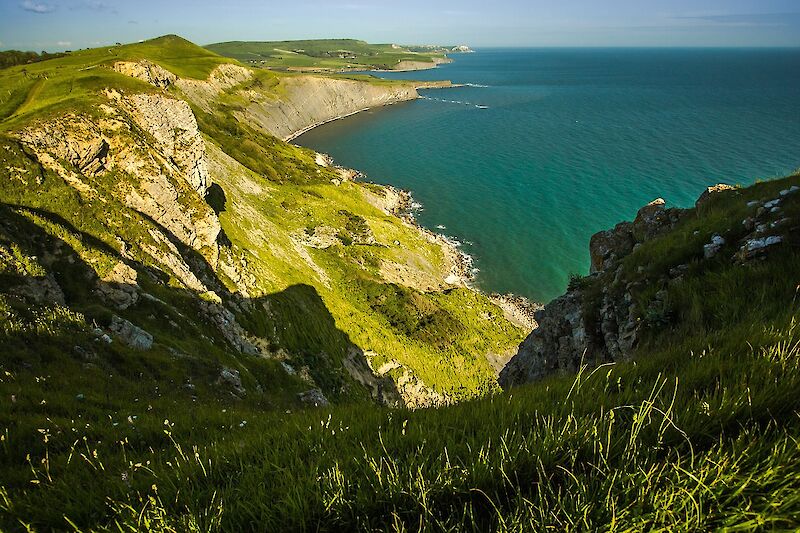Beautiful coastline with the sea and green cliffs of Dorset